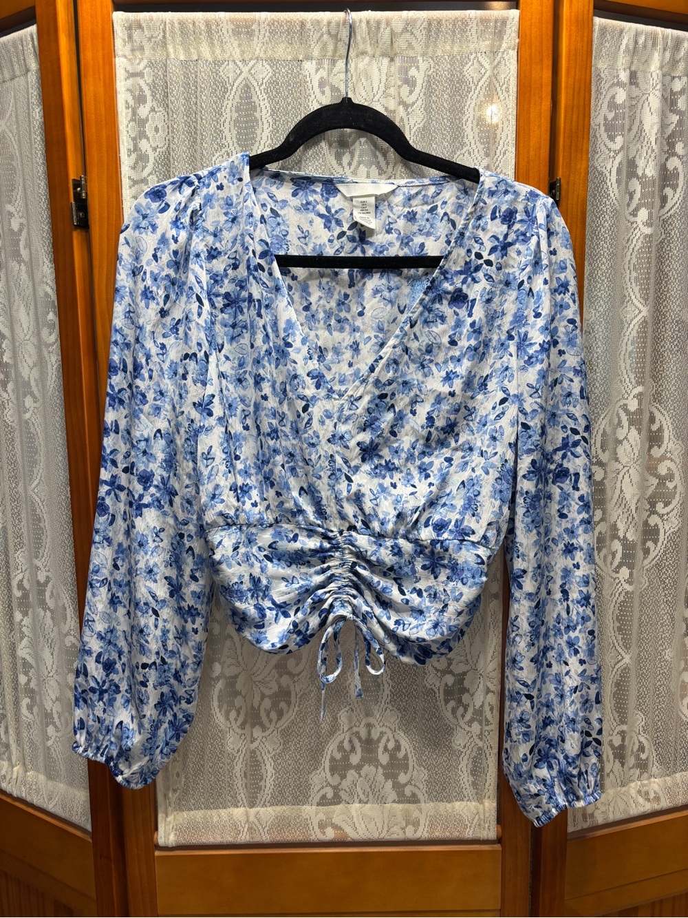 H&M Blue and White Floral Ruched Wrap Blouse